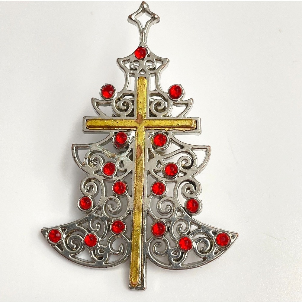 Vintage 90s Gold/Silver Tone Cross Christmas Tree Brooch Pin Red Rhinestone Boho